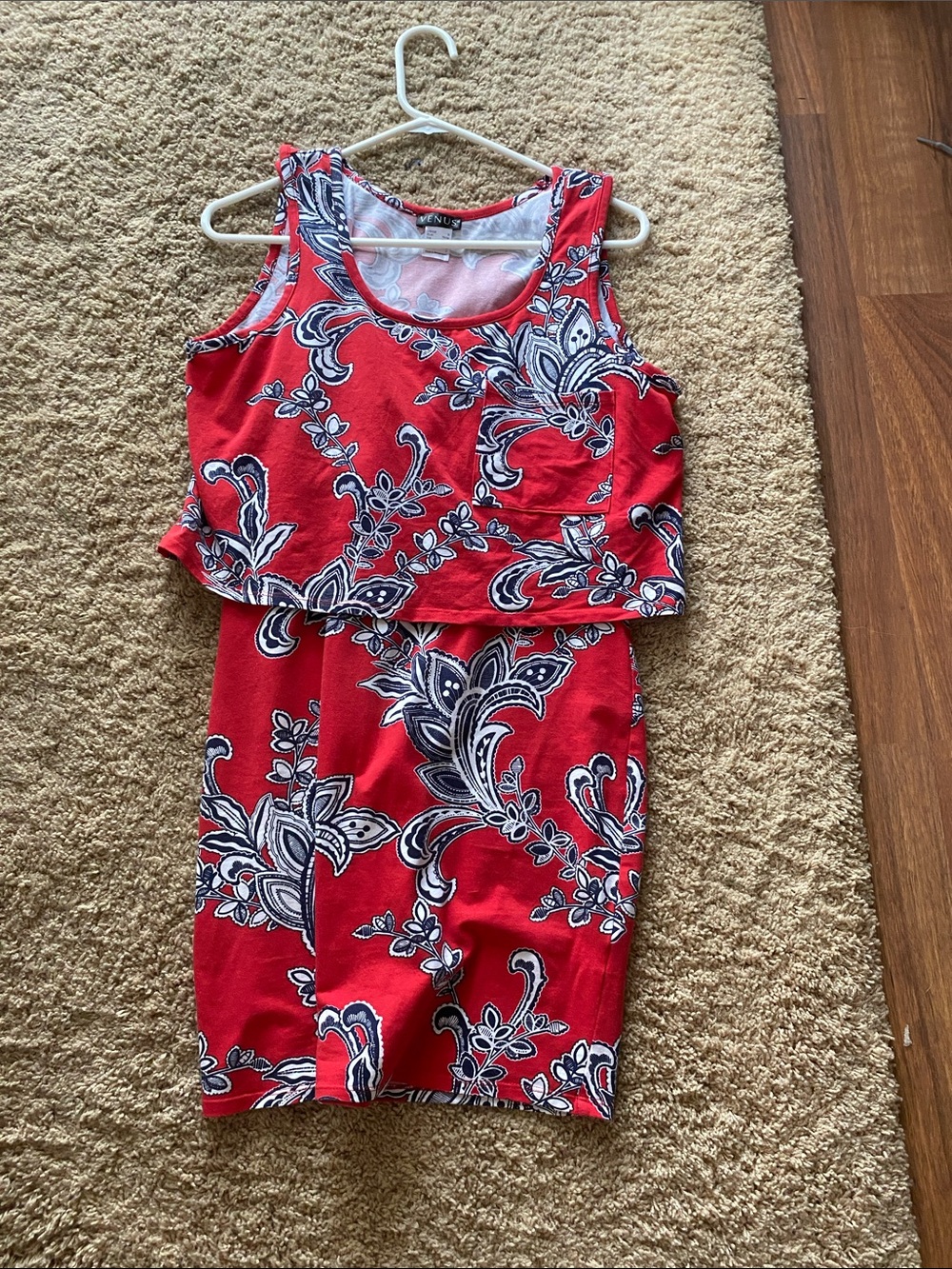 VENUS Red Floral Print Double-Layer Tank Dress